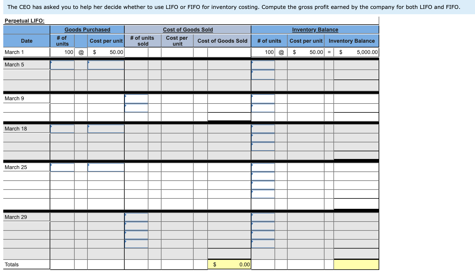 Purchase - 400 units/$55 = $22000 March 9 - Sales - 420