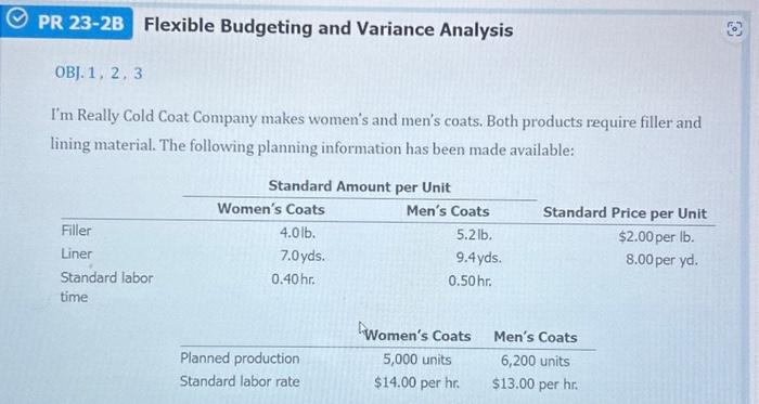 Flexible Budgeting and Variance Analysis OBJ. 1,2,3 I'm Really Cold Coat