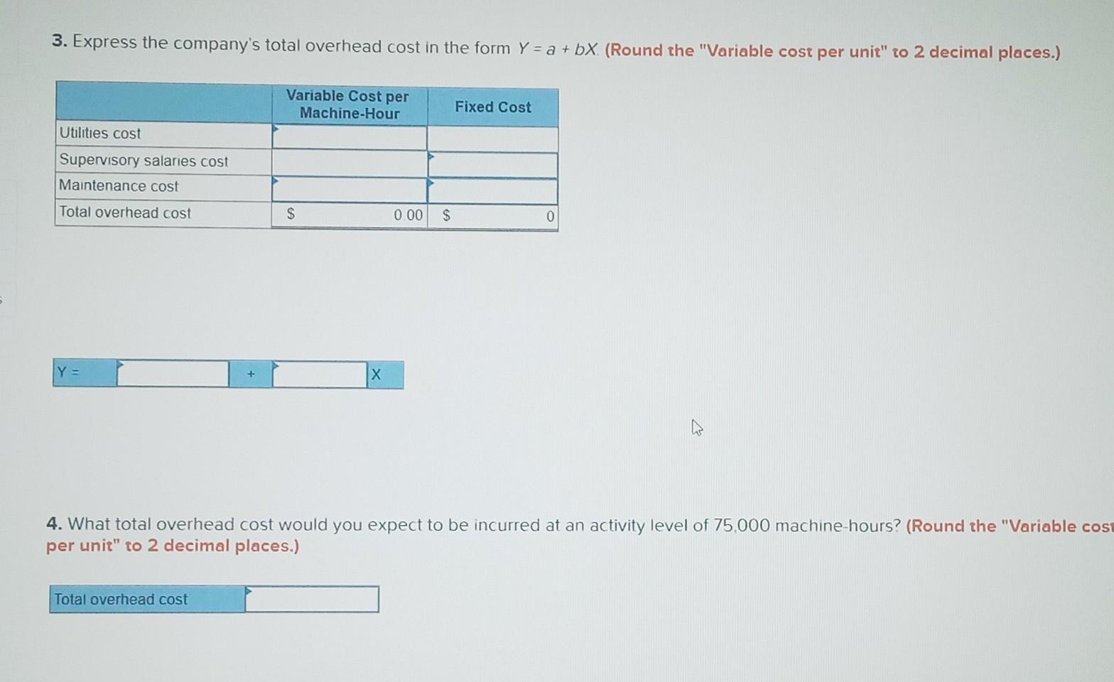 decimal places.) 3. Express the company's total overhead cost in the form