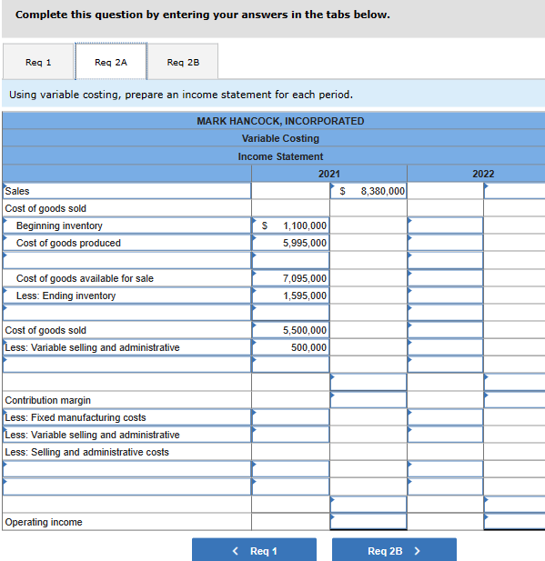 for 2022. 2-a. Using varlable costing, prepare an Income statement for each