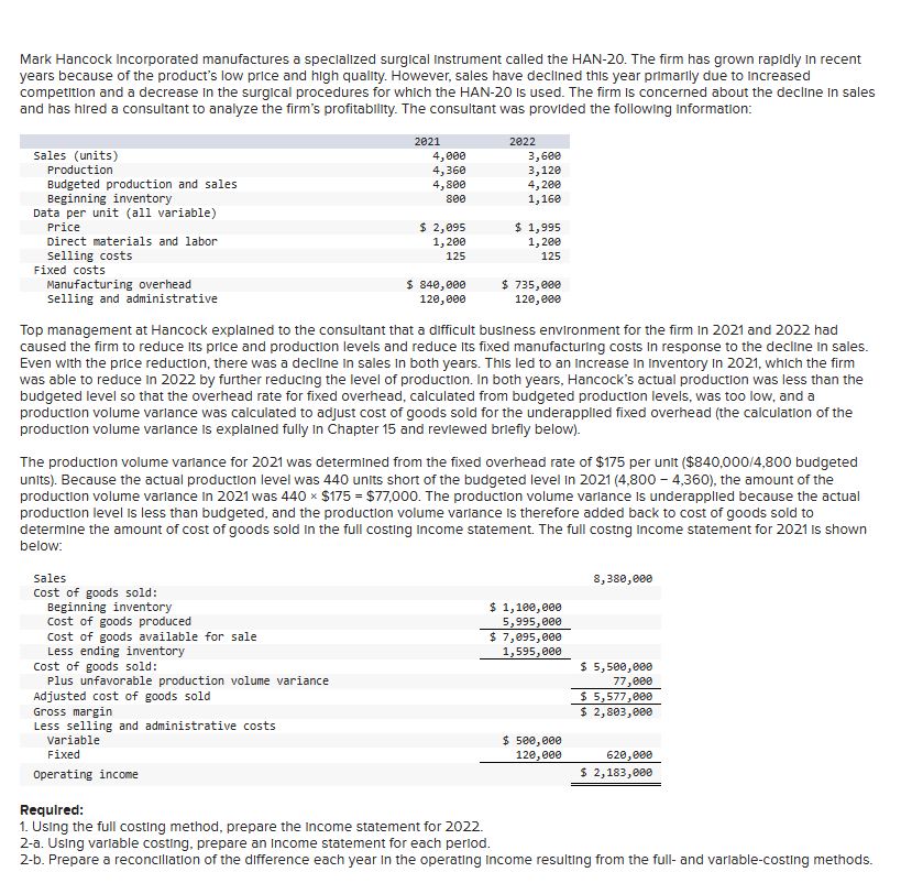 operating income resulting from the full- and varlable-costing me Complete this question