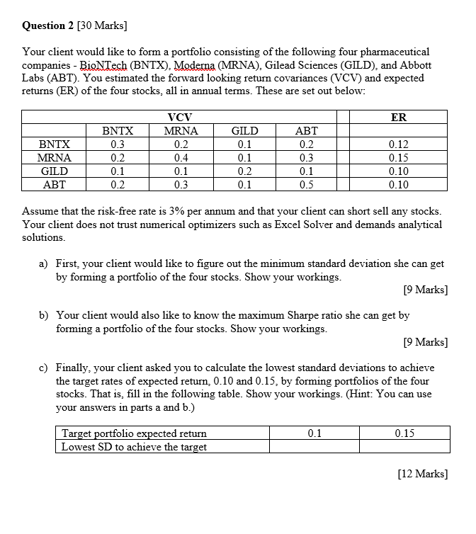  Question 2 [30 Marks] Your client would like to form a