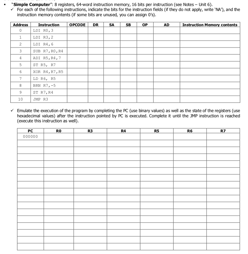 " "Simple Computer": 8 registers, 64-word instruction memory, 16 bits per