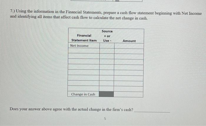  7.) Using the information in the Financial Statements, prepare a cash