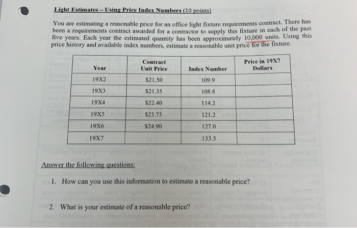  Light Estimates - Using Price Index Numbers (10 points) ght fixture
