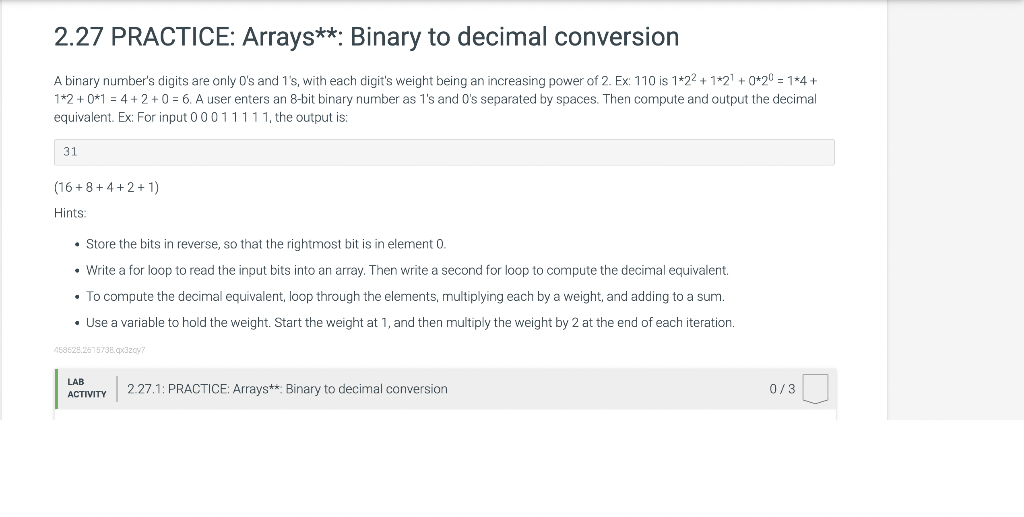 I need answer for this please 2.27 PRACTICE: Arrays : Binary to