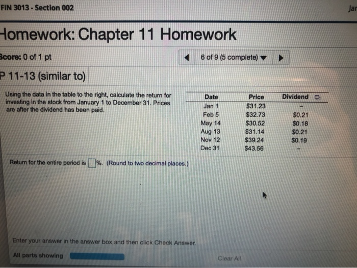  FIN 3013-Section 002 Jar Homework: Chapter 11 Homework Score: 0 of