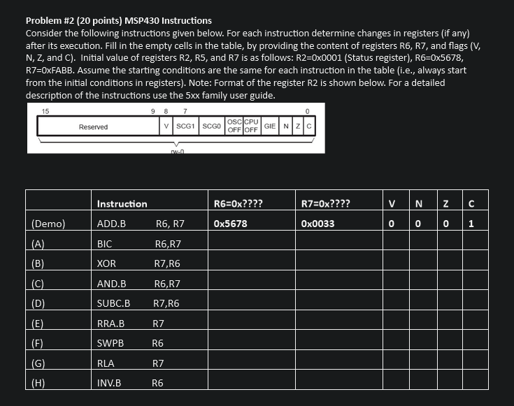  Problem #2(20 points) MSP430 Instructions Consider the following instructions given below.