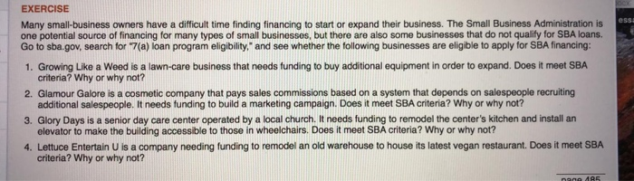  EXERCISE Many small-business owners have a difficult time finding financing to