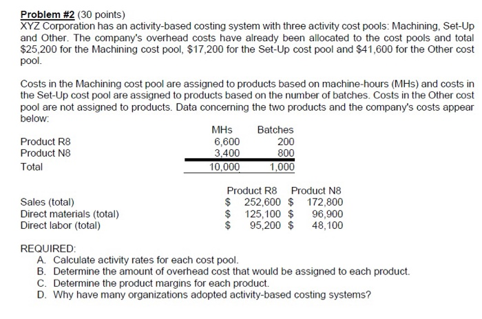 Problem #2 (30 points) XYZ Corporation has an activity-based costing system