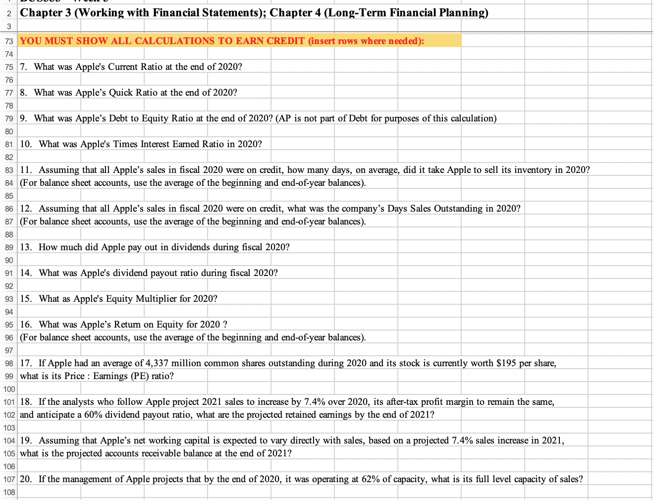 Planning) 3 38 For questions #7-20, refer to the following financial information