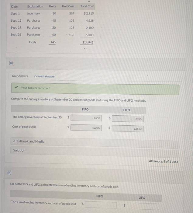  (a) Your answer is correct. Compute the ending inventory at September
