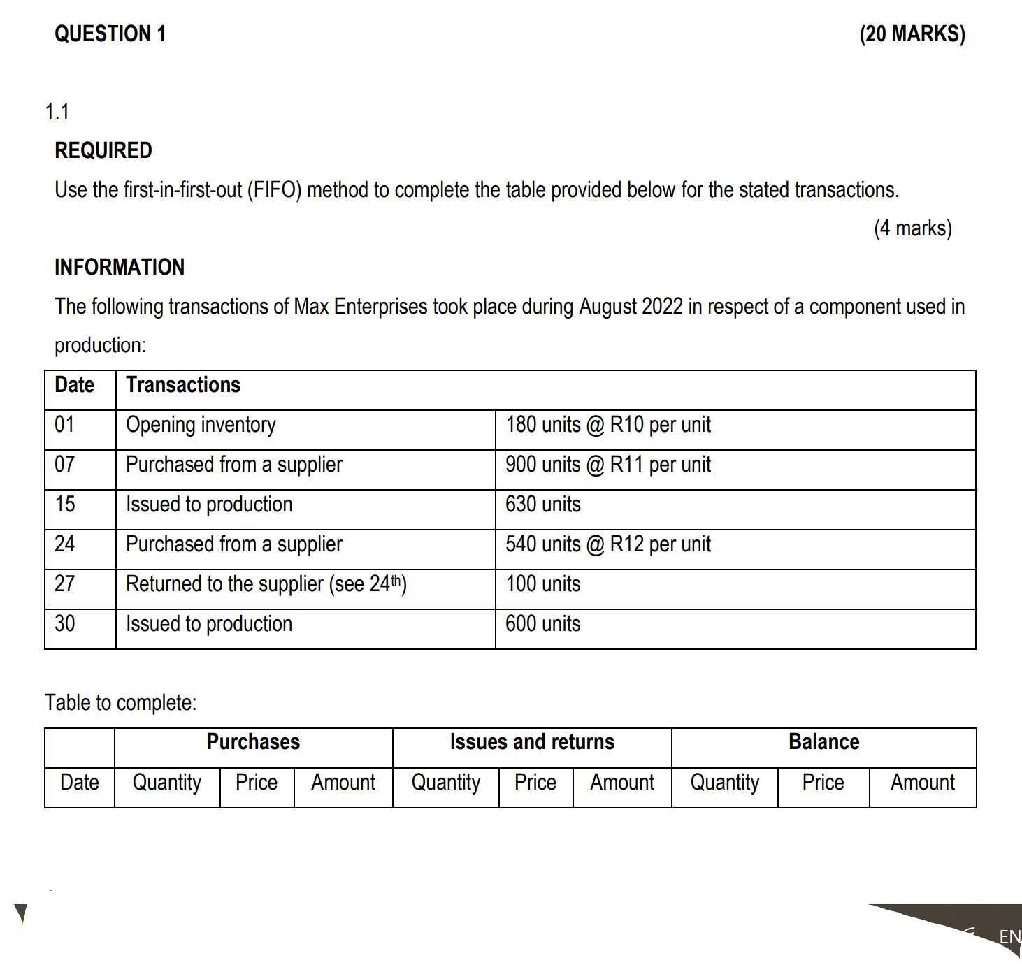  REQUIRED Use the first-in-first-out (FIFO) method to complete the table provided