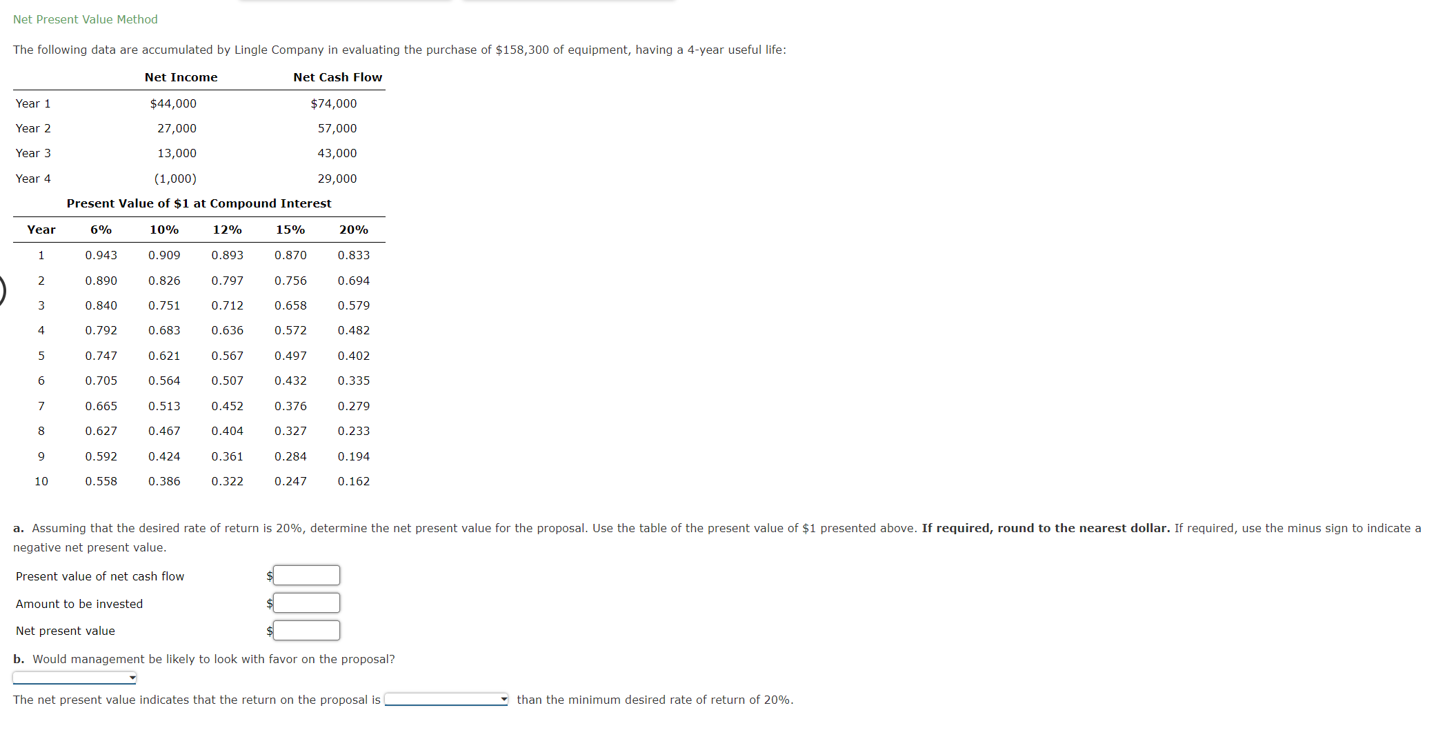  Net Present Value Method The following data are accumulated by Lingle