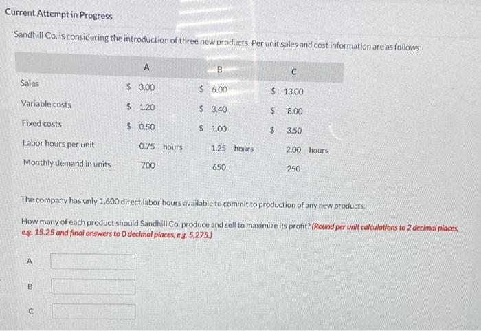  Current Attempt in Progress Sandhill Co. is considering the introduction of