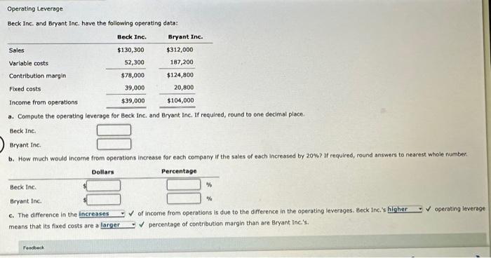 Could use some help please! Operating Leverage Beck Inc. and Bryant Inc.