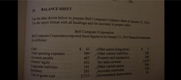  18 BALANCE SHEET Use the data shown below to prepare Bell