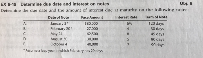  Obj. 6 EX 8-19 Determine due date and interest on notes