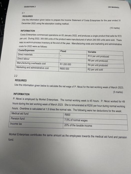  21 REQUARED Use the information given below to prepare the Income