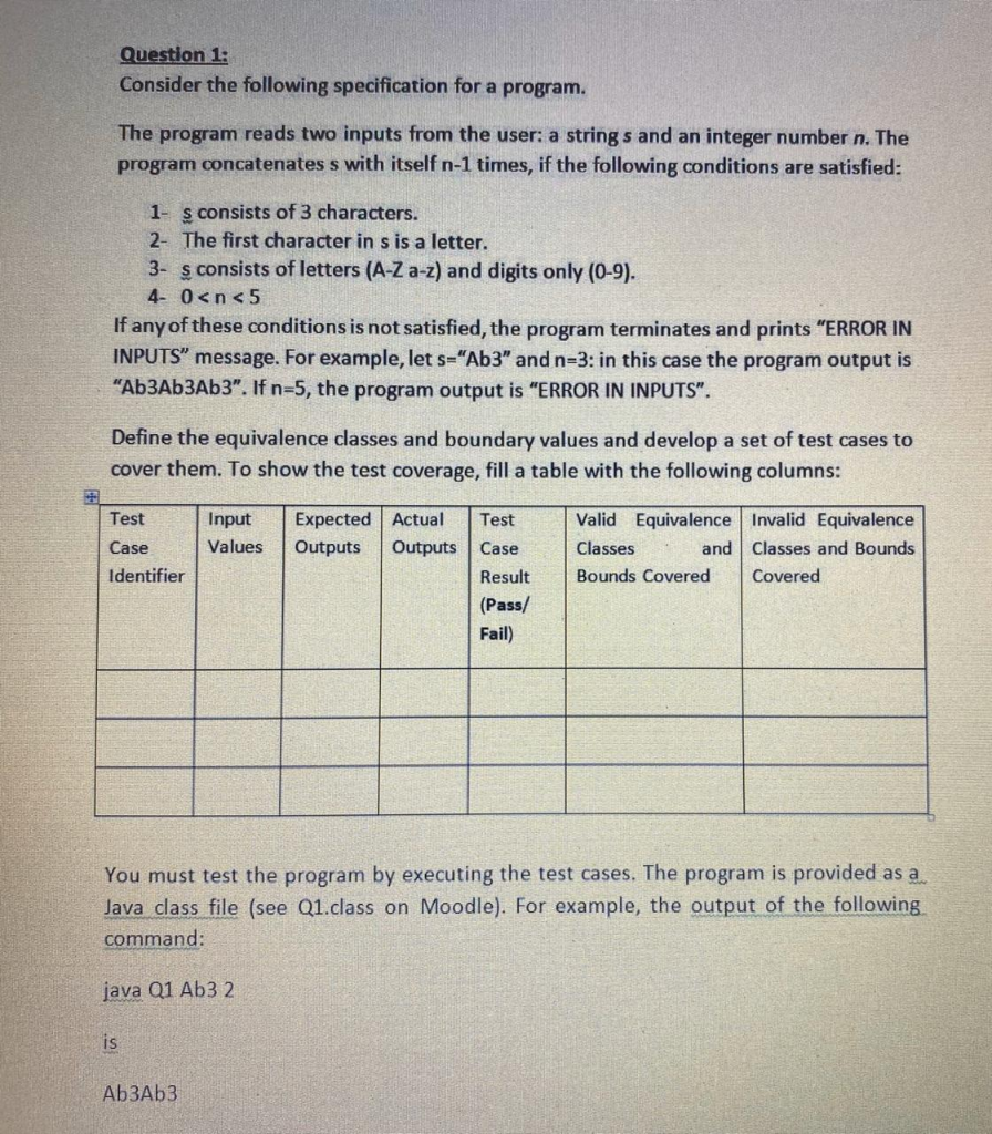  Question 1: Consider the following specification for a program. The program