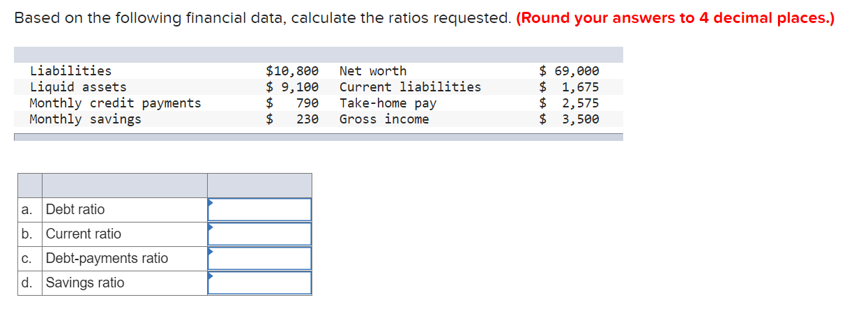  Based on the following financial data, calculate the ratios requested. (Round