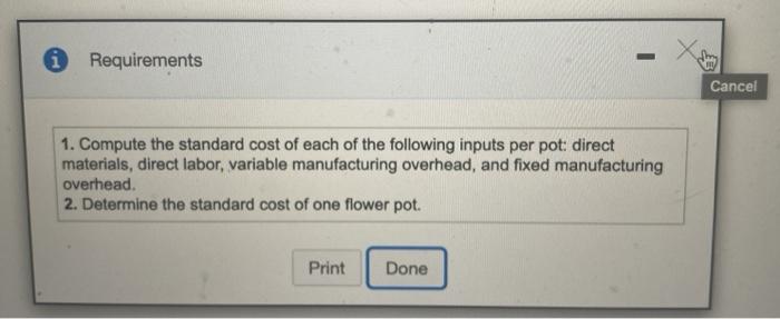 pot, at a cost of $4.75 per pound Direct labor. 1.0 hour