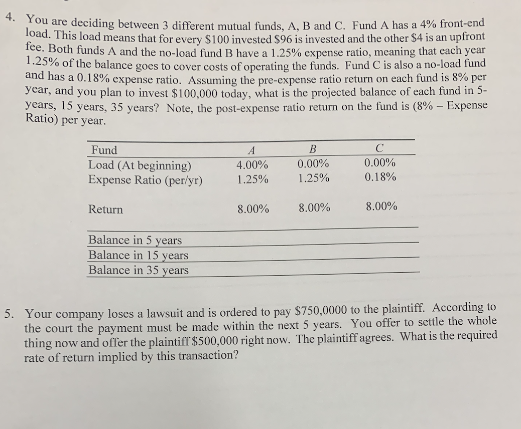  4. You are deciding between 3 different mutual funds, A, B