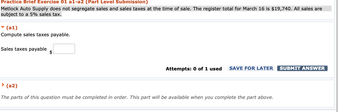 Practice Brief Exercise 01 al-a2 (Part Level Submission) Metlock Auto Supply