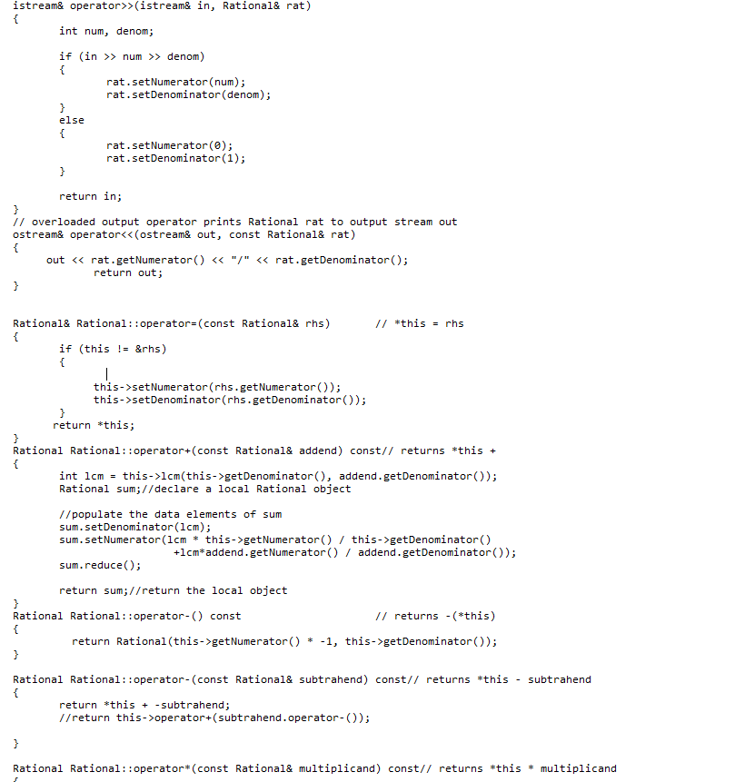 for performing arithmetic on Rational numbers an overloaded unary minus for negating