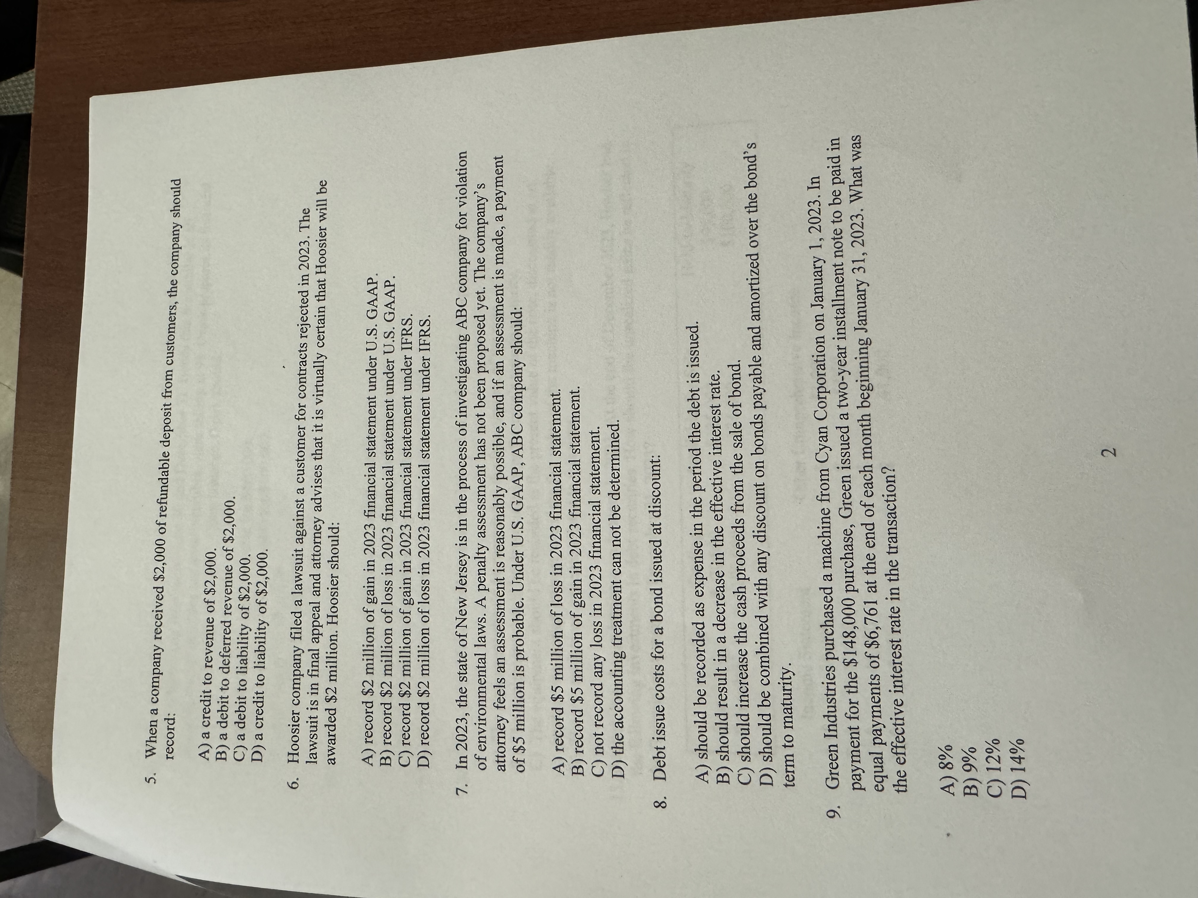  When a company received $2,000 of refundable deposit from customers, the