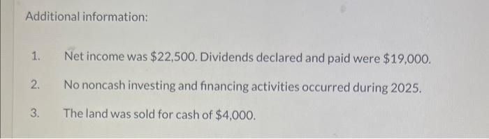 Net income was $22,500. Dividends declared and paid were $19,000. 2. No