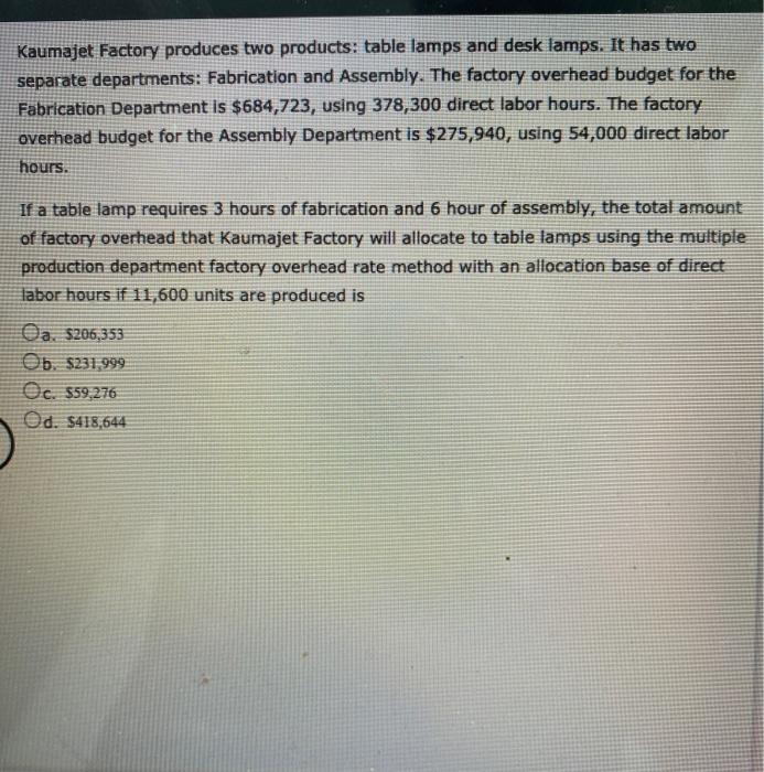 Kaumajet Factory produces two products: table lamps and desk lamps. It has