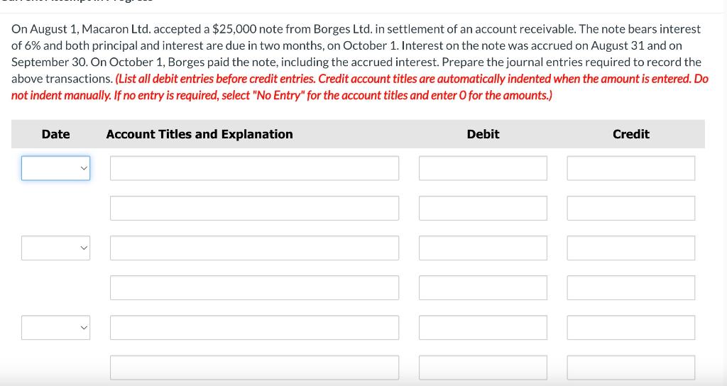 On August 1, Macaron Ltd. accepted a $25,000 note from Borges