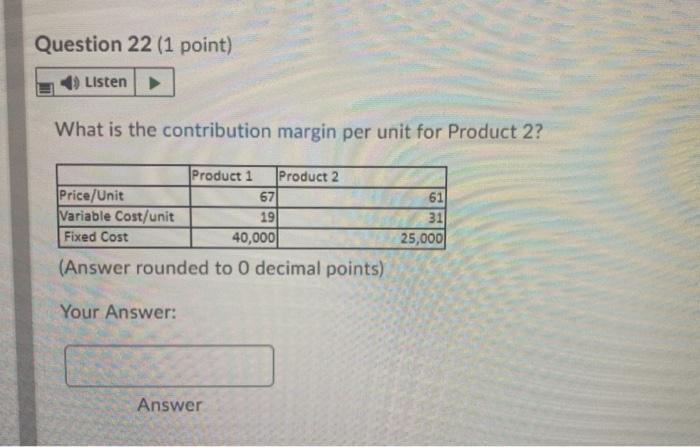  Question 22 (1 point) Listen What is the contribution margin per