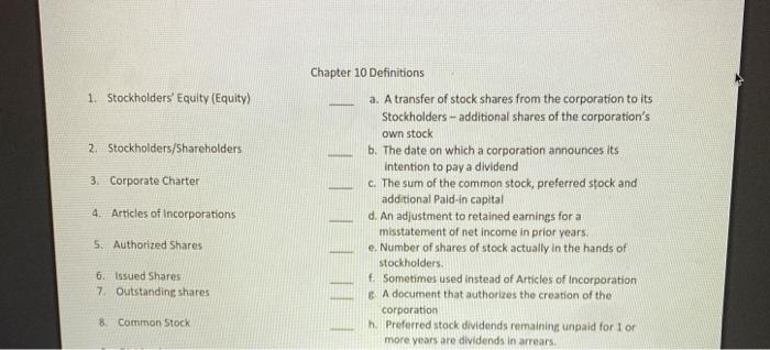  match the term to its corresponding correct definition Chapter 10 Definitions