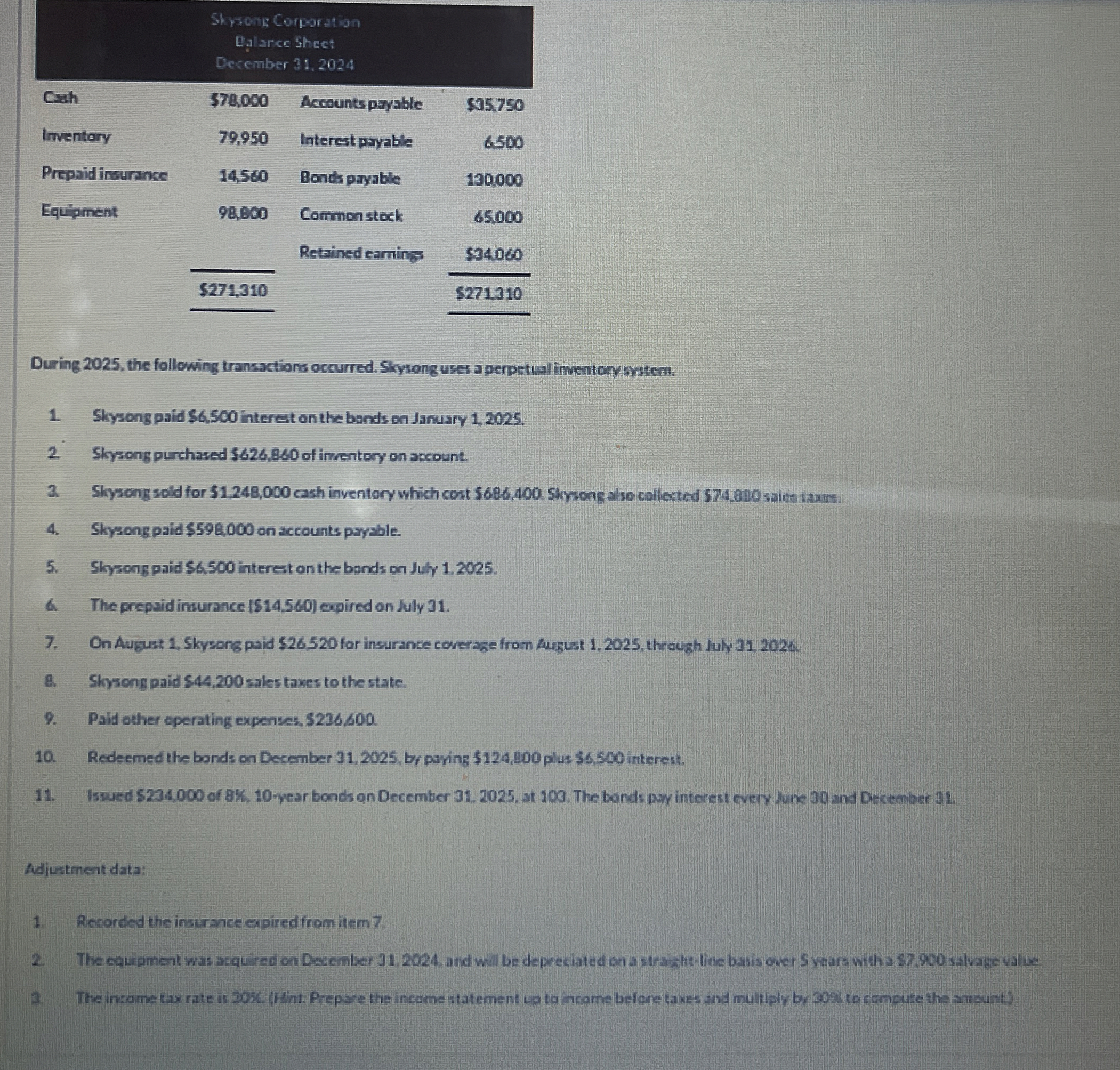  \table[[\table[[St yrong: Corparation],[B.alarce shect],[December 31.2024]]],[Cah,$78,000,Acrounts payable,$05750 
