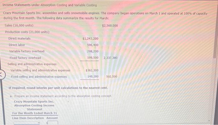  Income Statements under Absorption Costing and Variable Costing Crazy Mountain Sports