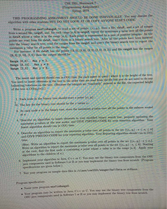 CSE 2331, Homework 7 (Programming Assignment) Spring, 2019 THIS PROGRAMMING ASSIGNMENT