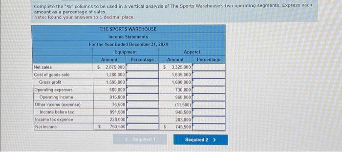  Complete the "%" columns to be used in a vertical analysis