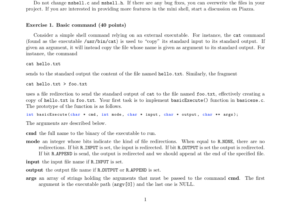 COMPLETE THE FOLLOWING PROGRAM IN C (ONLY EDIT basicexe.c): mshell.h: #ifndef _MSHELL_H_