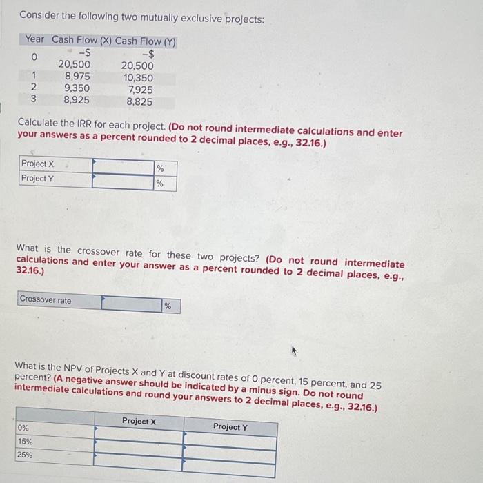  Consider the following two mutually exclusive projects: Calculate the IRR for