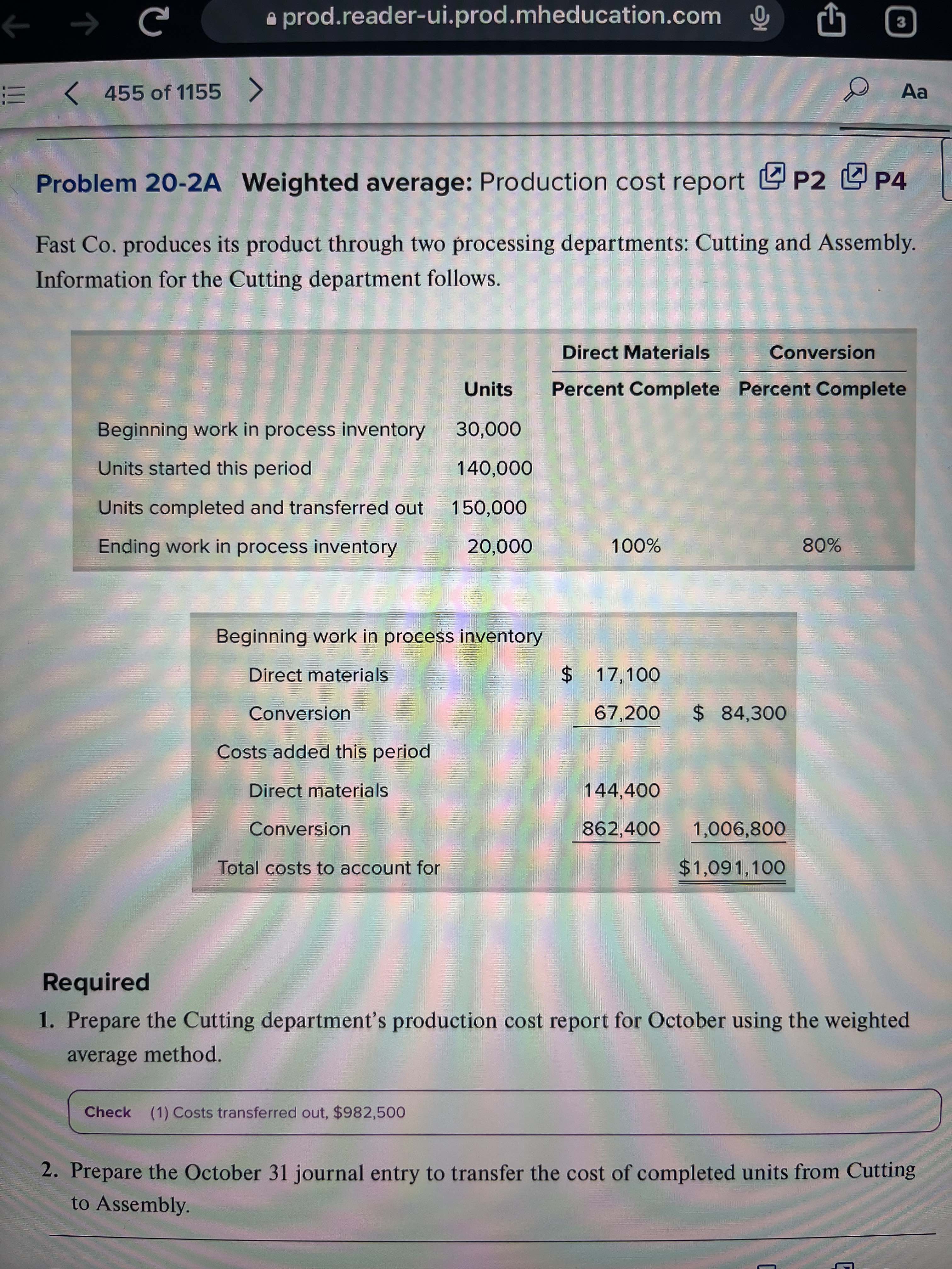Problem 20-2A Weighted average: Production cost report P2[P4 Fast Co. produces
