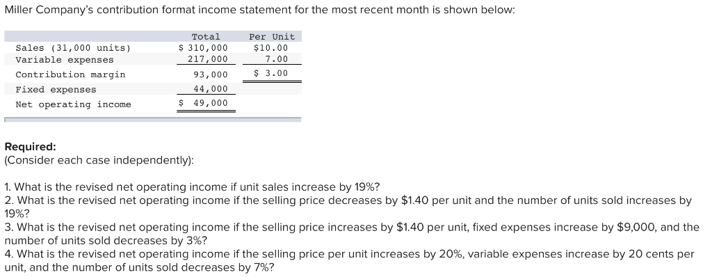  Miller Company's contribution format income statement for the most recent month