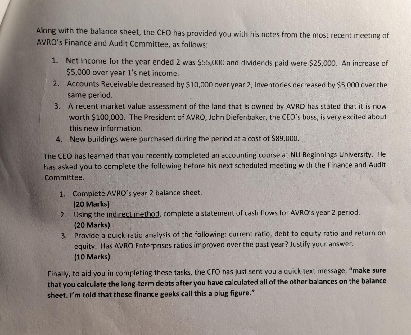 Create a Statement of Cash Flows The CEO of AVRO Enterprises has