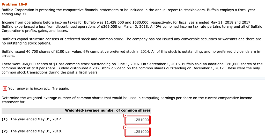  Problem 16-9 Buffalo Corporation is preparing the comparative financial statements to