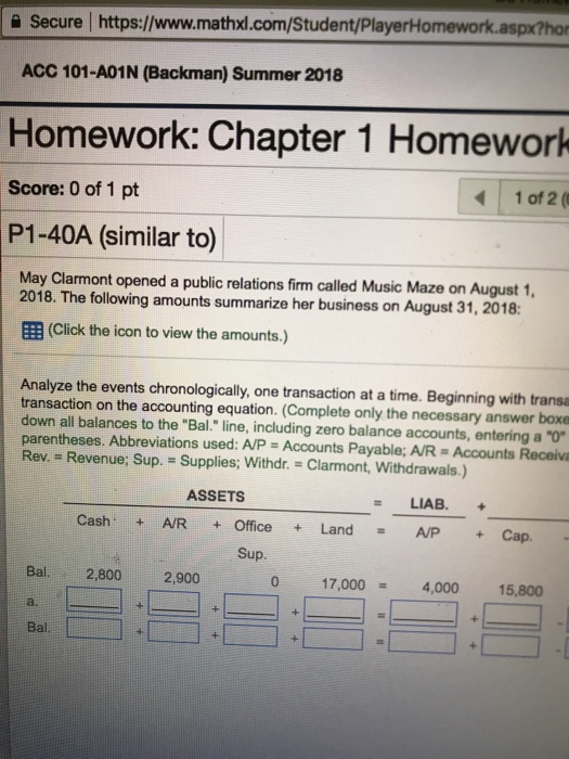  a Secure https://www.mathxl.com/Student/PlayerHomework.aspx?ho ACC 101-A01N (Backman) Summer 2018 Homework: Chapter 1