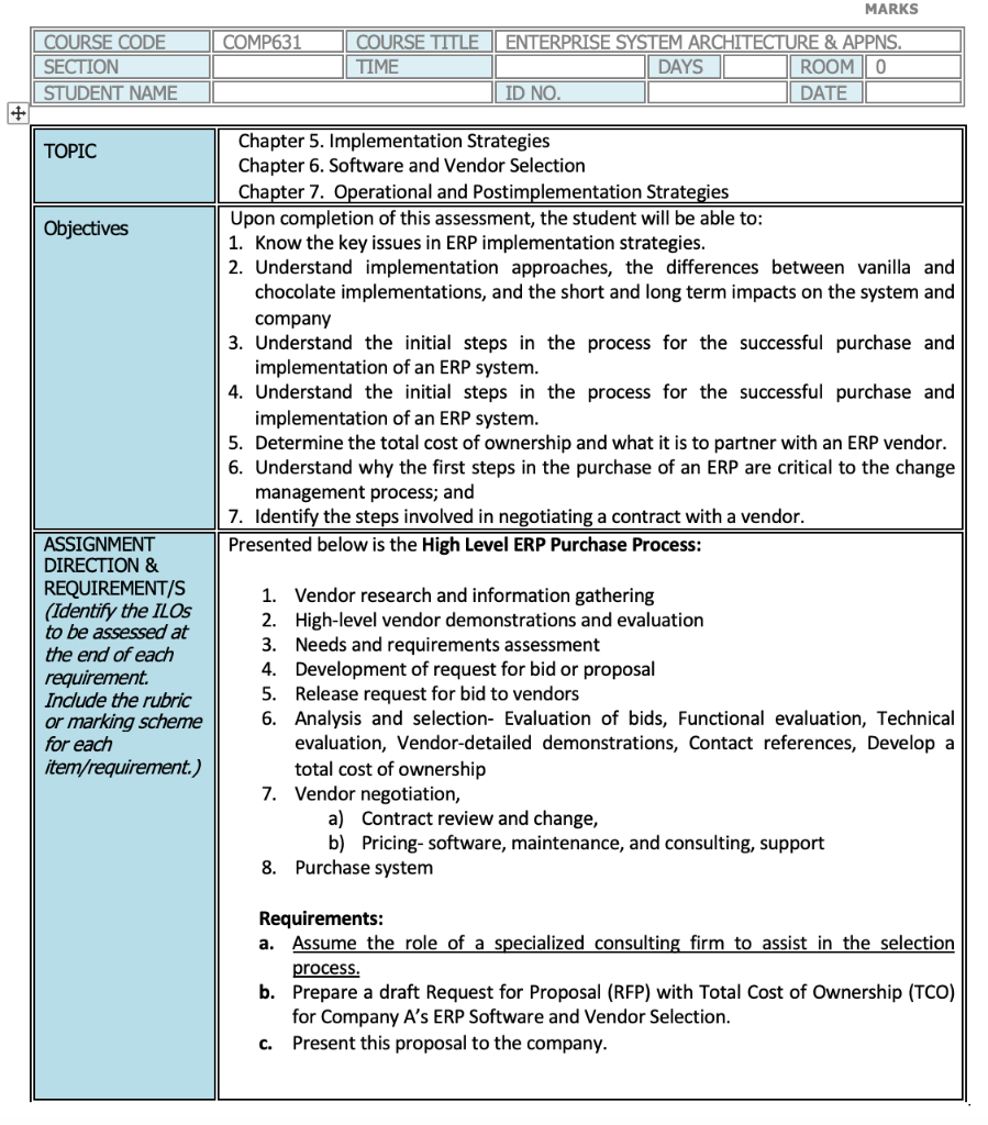  MARKS COMP631 COURSE CODE SECTION STUDENT NAME COURSE TITLE TIME ENTERPRISE