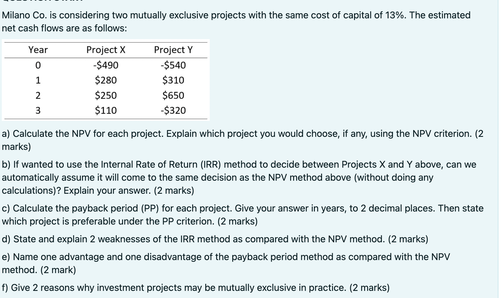 Milano Co. is considering two mutually exclusive projects with the same