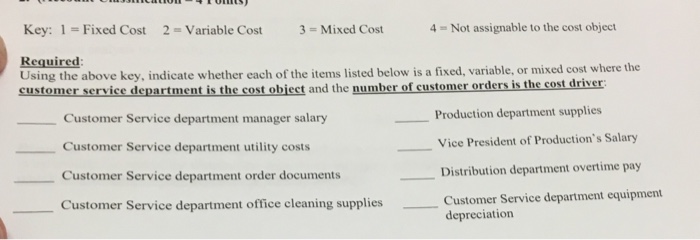  Key:1=Fixed Cost 2-Variable Cost 3-Mixed Cost 4 Not assignable to the