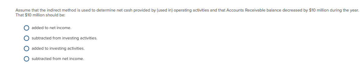 HELP ASAP Assume that the indirect method is used to determine net
